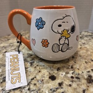 Peanuts SNOOPY & WOODSTOCK Coffee Mug Cup Colorful Flowers Hearts Stoneware 14oz